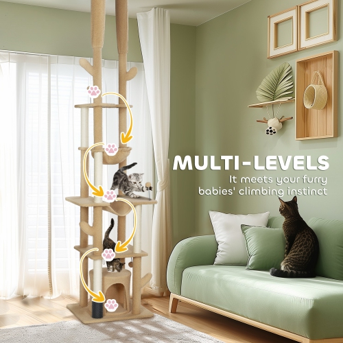 PawHut Floor to Ceiling Cat Tree, 89"-100" Adjustable Height Cat Tower for Large Cats with Scratching Posts, Grooming Brush Post, Cat Condo, Perches,