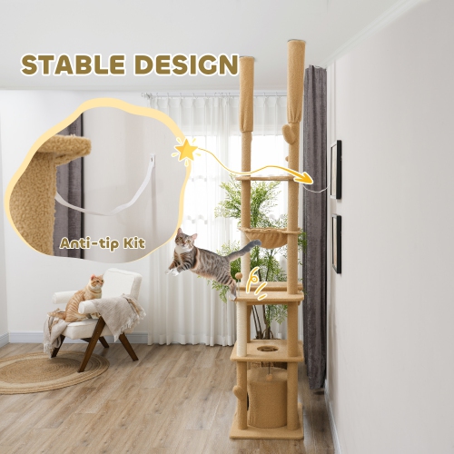 PawHut Floor to Ceiling Cat Tree, 89"-100" Adjustable Height Cat Tower for Large Cats with Scratching Posts, Grooming Brush Post, Cat Condo, Perches,