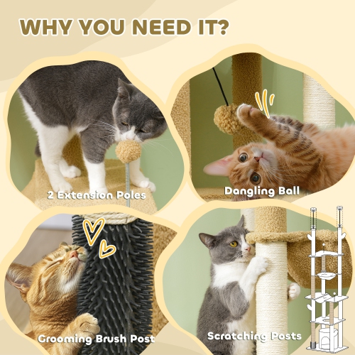 PawHut Floor to Ceiling Cat Tree, 89"-100" Adjustable Height Cat Tower for Large Cats with Scratching Posts, Grooming Brush Post, Cat Condo, Perches,