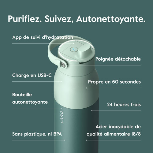 Bouteille d'eau de 680 ml PureVis 2 autonettoyante en acier inoxydable isotherme avec capteur intelligent de LARQ - Vert