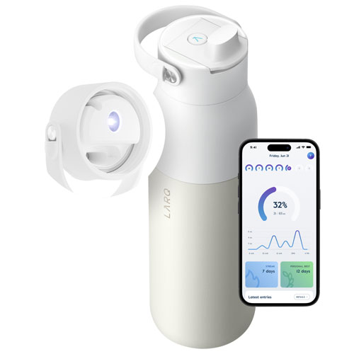 Bouteille d'eau de 680 ml PureVis 2 autonettoyante en acier inoxydable isotherme avec capteur intelligent de LARQ - Blanc