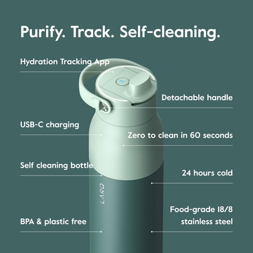 Bouteille d'eau de 1 L PureVis 2 autonettoyante en acier inoxydable isotherme avec capteur intelligent de LARQ - Vert