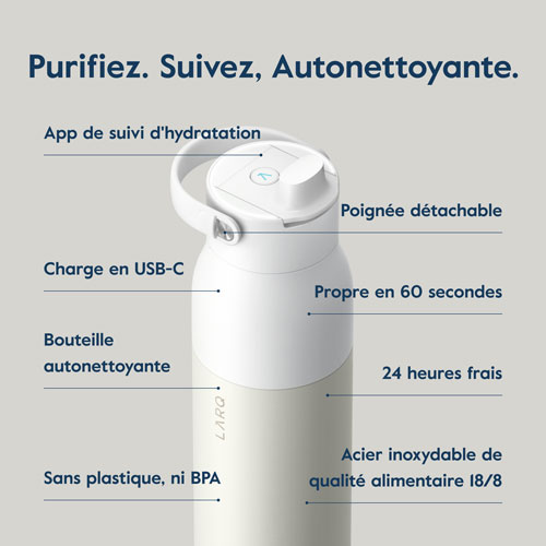 Bouteille d'eau de 1 L PureVis 2 autonettoyante en acier inoxydable isotherme avec capteur intelligent de LARQ - Blanc