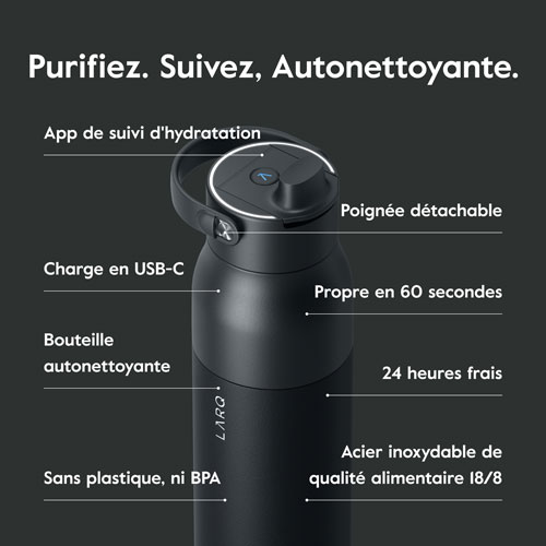 Bouteille d'eau de 1 L (34 oz) PureVis 2 autonettoyante en acier inoxydable isotherme avec capteur intelligent de LARQ - Noir