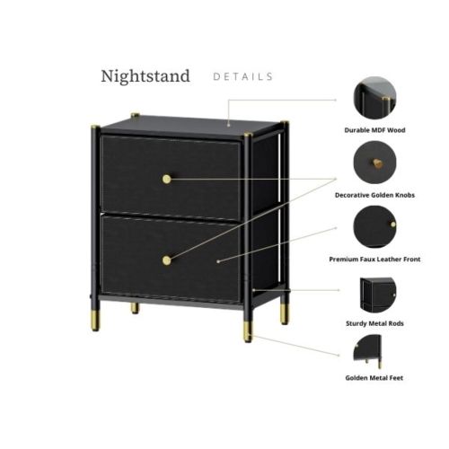 DECOMOMO Luxore Nightstand, Side End Table with 2 Drawers, for Bedroom, Black and Gold