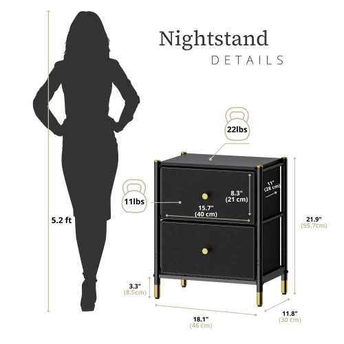 DECOMOMO Luxore Nightstand, Side End Table with 2 Drawers, for Bedroom, Black and Gold