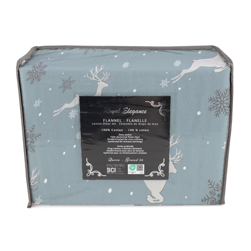 Cotton House - Flannel Sheet Set, 100% Cotton, King Size, Deer and Snowflake Design