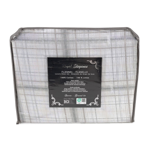 Coton House - Ensemble de draps en flanelle, 100 % coton, grand lit, motif à carreaux rayé