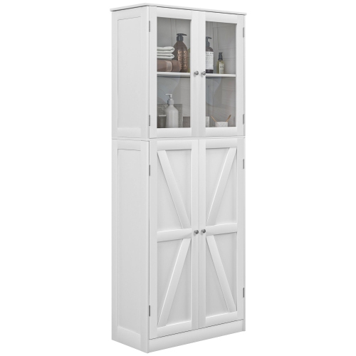 HOMCOM  Tall Bathroom Cabinet, Modern Bathroom Storage Cabinet With Glass And Barn Doors, 5-Tier Floor Cabinet In White