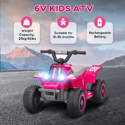 Qaba 6V Kids ATV Quad, 4 Wheeler Battery Powered Electric Ride on Car with LED Headlights, Forward Backward, for Boys and Girls, Pink
