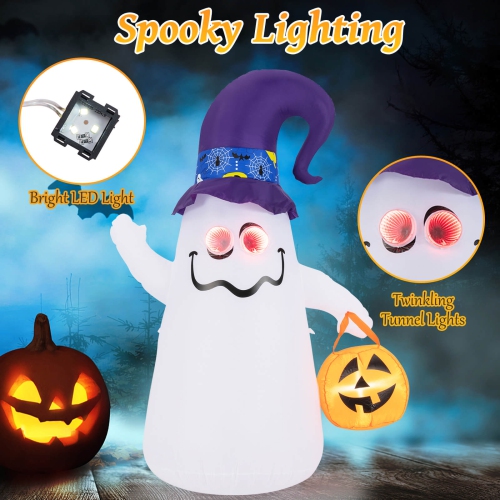 6 Ft Halloween Inflatables Cute Ghost with Jack-O-Lantern & Witch Hat