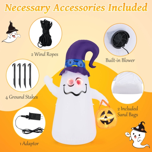 6 Ft Halloween Inflatables Cute Ghost with Jack-O-Lantern & Witch Hat