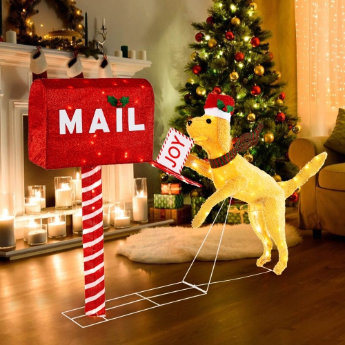 COSTWAY  3.5 Ft Lighted Dachshund Climbing Mailbox Pre-Lit Christmas Holiday Decoration