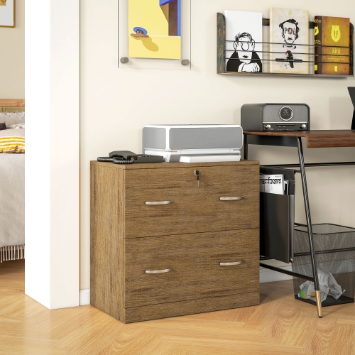 Vinsetto 2-Drawer Lateral Filing Cabinet with Lock, File Cabinet with Hanging Bar for Letter Size, Home Office, Light Brown