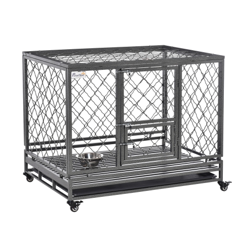 PAWHUT Heavy Duty Dog Crate Metal Dog Kennel Cage w Wheels Openable Top Removable Tray Stainless Steel Bowl for Small Medium Large Xl