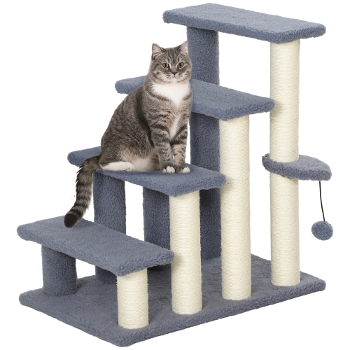 PawHut Cat Tree, 4 Step Cat Tower Stairs Steps with Cat Scratching Post, Jumping Platform, Toy Ball, Cat Furniture for Indoor Cats, Grey