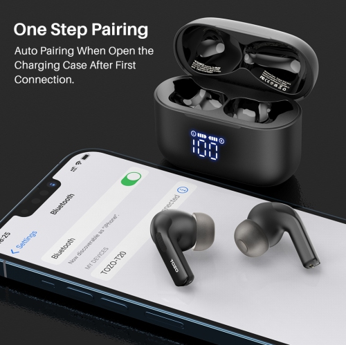 TOZO T20 Wireless Earbuds Bluetooth Headphones with LED Digital Display Built-in Mics Call Noise Cancelling -Black
