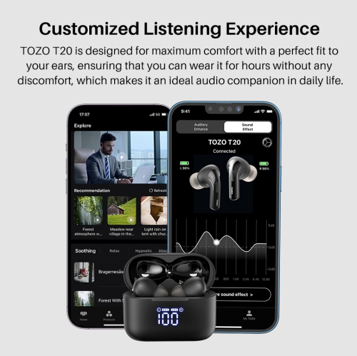TOZO T20 Wireless Earbuds Bluetooth Headphones with LED Digital Display Built-in Mics Call Noise Cancelling -Black