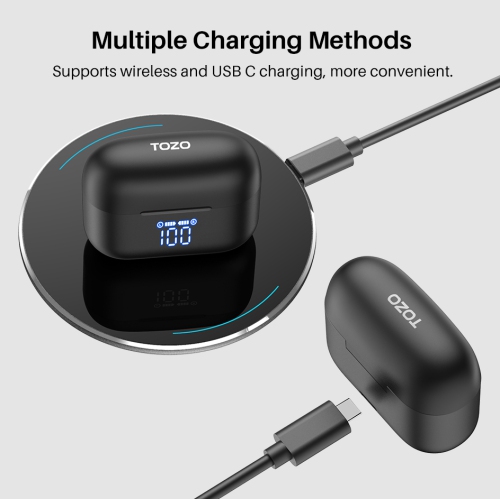TOZO T20 Wireless Earbuds Bluetooth Headphones with LED Digital Display Built-in Mics Call Noise Cancelling -Black