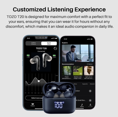 TOZO T20 Wireless Earbuds Bluetooth Headphones with LED Digital Display Built-in Mics Call Noise Cancelling -Blue