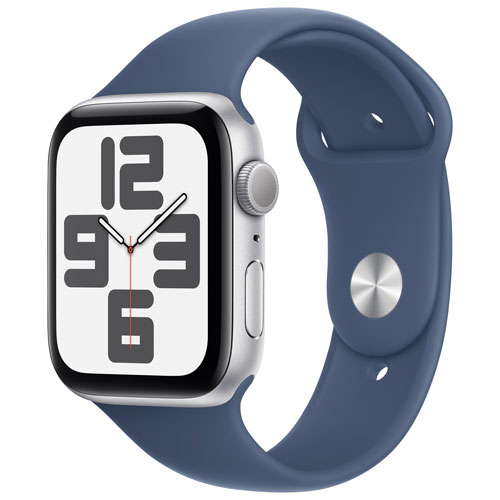 Apple Watch SE de 44 mm avec boîtier en aluminium argenté et bracelet sport denim - Petit/Moyen