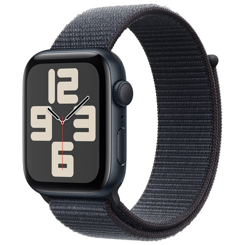 Apple Watch SE de 44 mm avec boîtier en aluminium minuit et bracelet sport à rabat encre