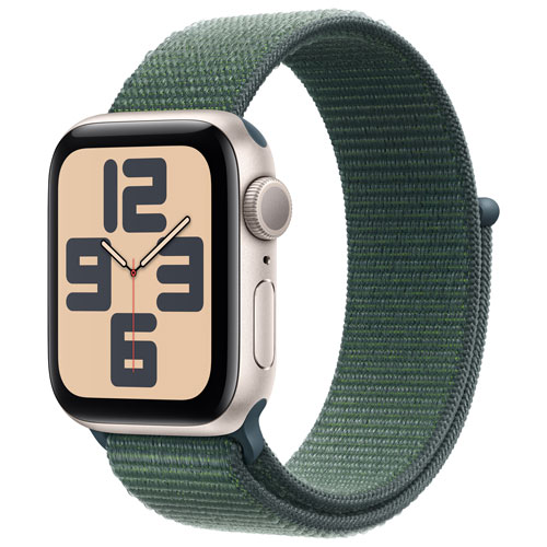 Apple Watch SE de 40 mm avec boîtier en aluminium comète et bracelet sport à rabat vert lacustre