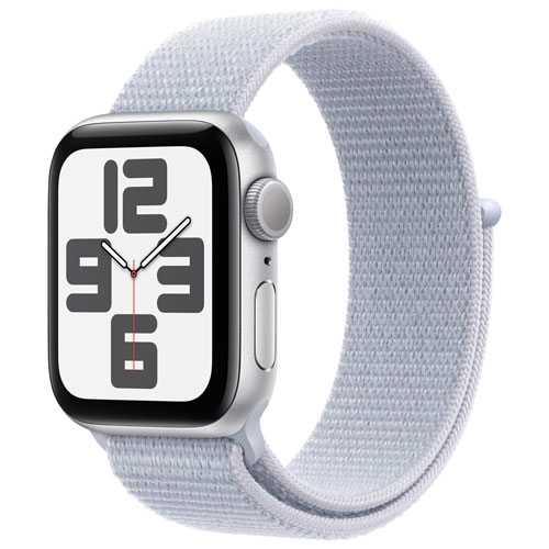 Apple Watch SE de 40 mm avec boîtier en aluminium argenté et bracelet sport à rabat nuage bleu