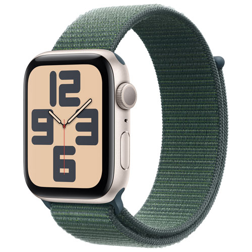 Apple Watch SE de 44 mm avec boîtier en aluminium comète et bracelet sport à rabat vert lacustre