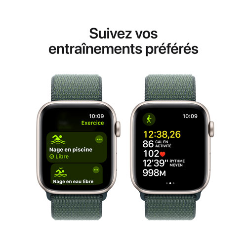 Apple Watch SE (GPS) de 44 mm avec boîtier en aluminium comète et bracelet sport à rabat vert lacustre