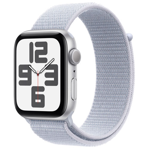 Apple Watch SE de 44 mm avec boîtier en aluminium argenté et bracelet sport à rabat nuage bleu