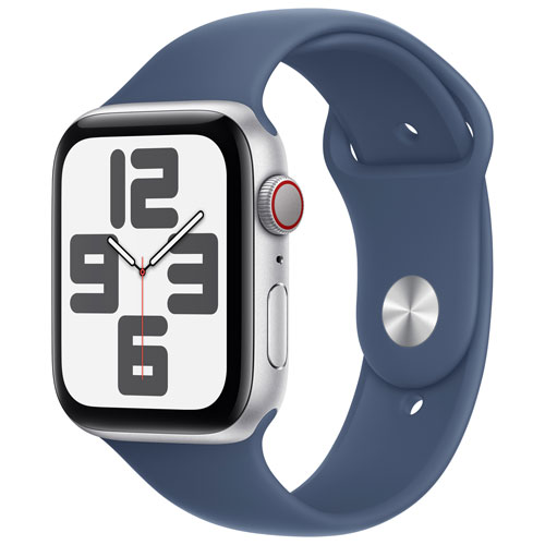 Apple Watch SE de 44 mm avec boîtier en aluminium argenté et bracelet sport denim - Petit/Moyen