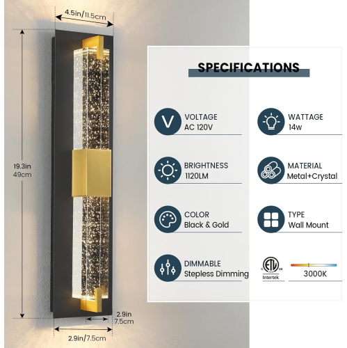 LED Wall Sconce Light: 19 Inch Black & Gold Modern Sconces Wall Lighting 3000K Dimmable Crystal Wall Lamps Indoor Bathroom Sconce Wall Mount Light