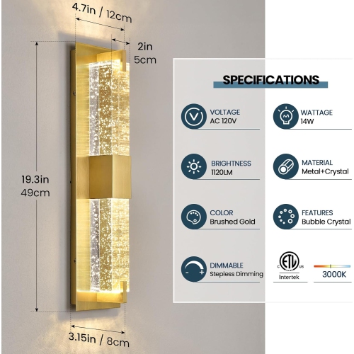 LED Wall Sconce Light: 19 Inch Gold Modern Sconces Wall Lighting 3000K Dimmable Crystal Wall Lamps Indoor Bathroom Sconce Wall Mount Light Fixtures