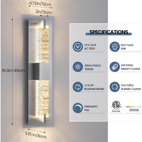 LED Wall Sconce Light: 19 Inch Nickel Modern Sconces Wall Lighting 3000K Dimmable Crystal Wall Lamps Indoor Bathroom Sconce Wall Mount Light Fixtures