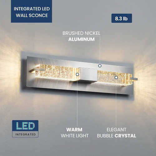LED Wall Sconce Light: 19 Inch Nickel Modern Sconces Wall Lighting 3000K Dimmable Crystal Wall Lamps Indoor Bathroom Sconce Wall Mount Light Fixtures