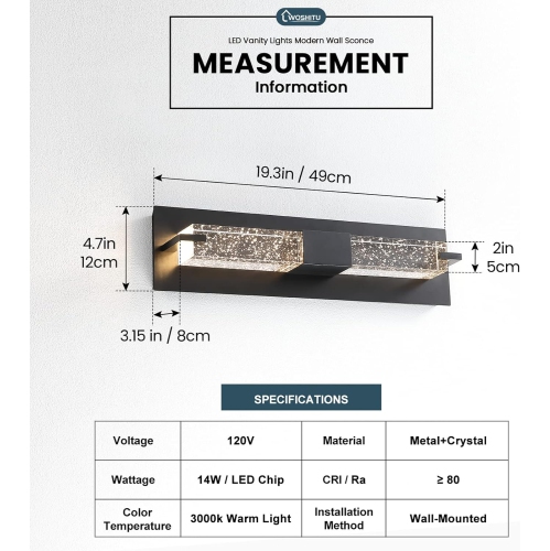 LED Wall Sconce Light: 19 Inch Black Modern Sconces Wall Lighting 3000K Dimmable Crystal Wall Lamps Indoor Bathroom Sconce Wall Mount Light Fixtures