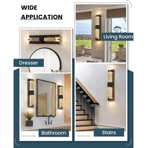 LED Wall Sconce Light: 19 Inch Black Modern Sconces Wall Lighting 3000K Dimmable Crystal Wall Lamps Indoor Bathroom Sconce Wall Mount Light Fixtures