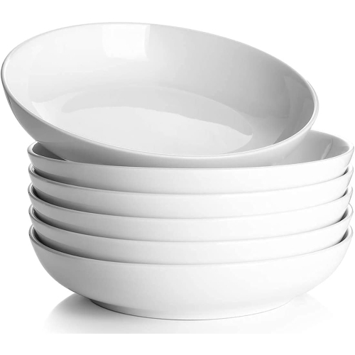 DOWAN  8.5 Inch Wide Shallow Pasta Bowls Set Of 6 In White