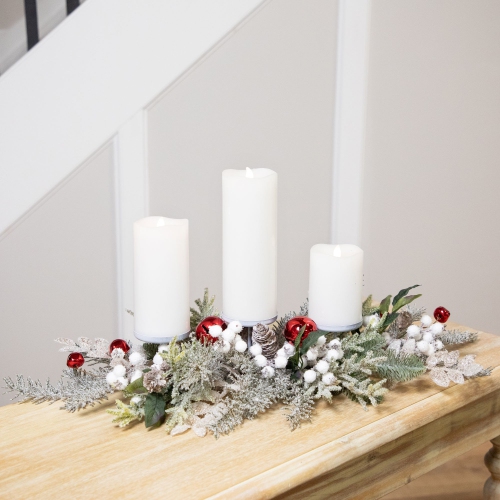 NORTHLIGHT  Frosted Winter Greenery And Jingle Bells Christmas Pillar Candle Holder - 28"