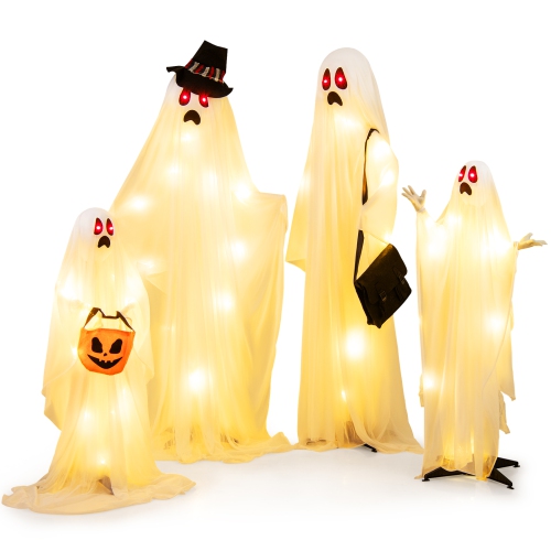 COSTWAY  4PCs Halloween Light Up Cloth Ghost Family W/red And Warm Led Lights In White