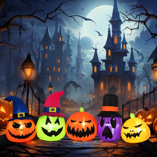 COSTWAY  9 Ft Inflatable Pumpkin Patch Family Blow Up Yard Decoration With Witch Hats