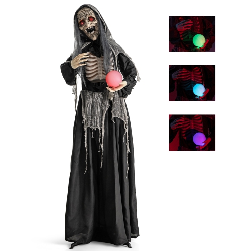 COSTWAY  6Ft Halloween Animatronics Standing Witch W/ Light Up Eyes & Magical Ball Sound