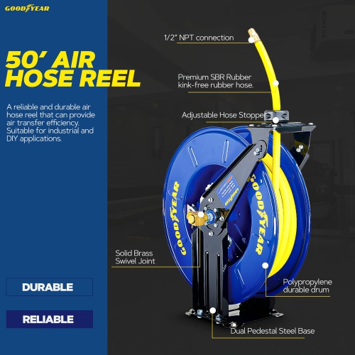 Goodyear Steel Retractable Air Compressor/Water Hose Reel with 1/2 in. x 50 ft. Rubber Hose, Max. 300PSI
