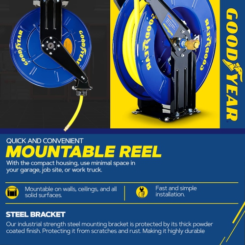 Goodyear Steel Retractable Air Compressor/Water Hose Reel with 1/2 in. x 50 ft. Rubber Hose, Max. 300PSI