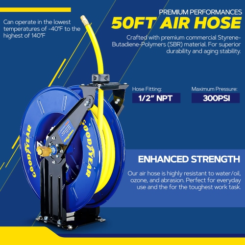 Goodyear Steel Retractable Air Compressor/Water Hose Reel with 1/2 in. x 50 ft. Rubber Hose, Max. 300PSI