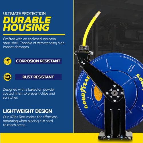 Goodyear Steel Retractable Air Compressor/Water Hose Reel with 1/2 in. x 50 ft. Rubber Hose, Max. 300PSI