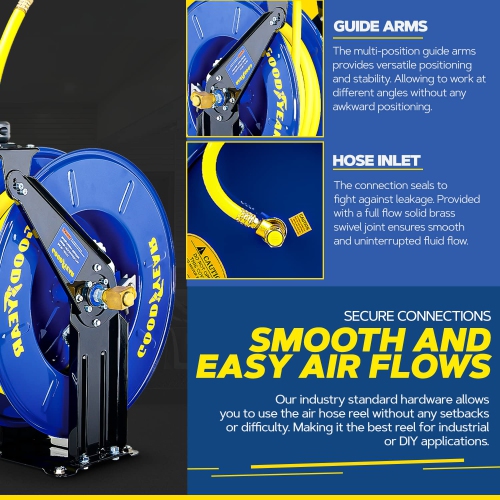 Goodyear Steel Retractable Air Compressor/Water Hose Reel with 1/2 in. x 50 ft. Rubber Hose, Max. 300PSI