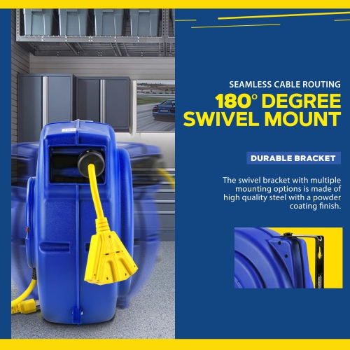 Goodyear – enrouleur de câble d’extension rétractable, 12AWG x 65 pi, 3C/SJT, câble commercial robuste, connecteur à trois prises, alimentation