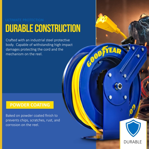 Goodyear Extension Cord Reel Retractable 12AWG x 50' Feet 3C SJTOW Cable Triple Tap Connector Power Rating 125 Volt AC 13 Amp 1625 Watt Industrial
